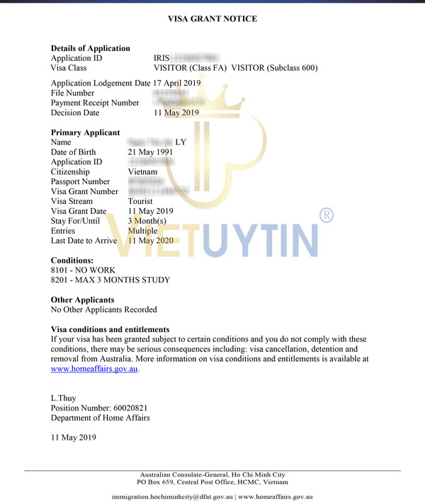 Visa du lịch Úc của chị Trà