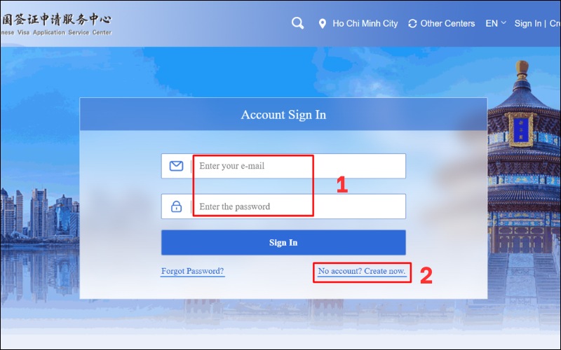 Mập email để đăng nhập tờ khai xin visa Trung Quốc