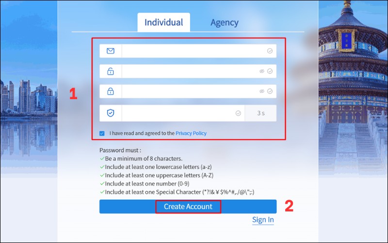 Tạo tài khoản mẫu tờ khai xin visa Trung Quốc