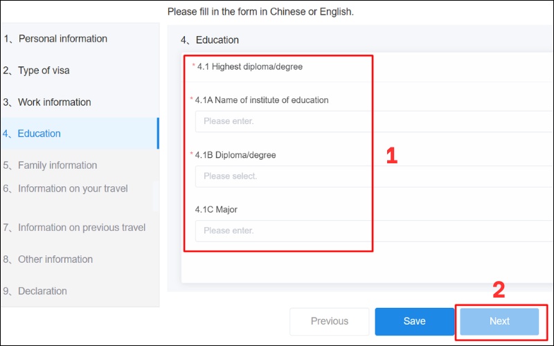 Thông tin học vấn mẫu tờ khai xin visa Trung Quốc