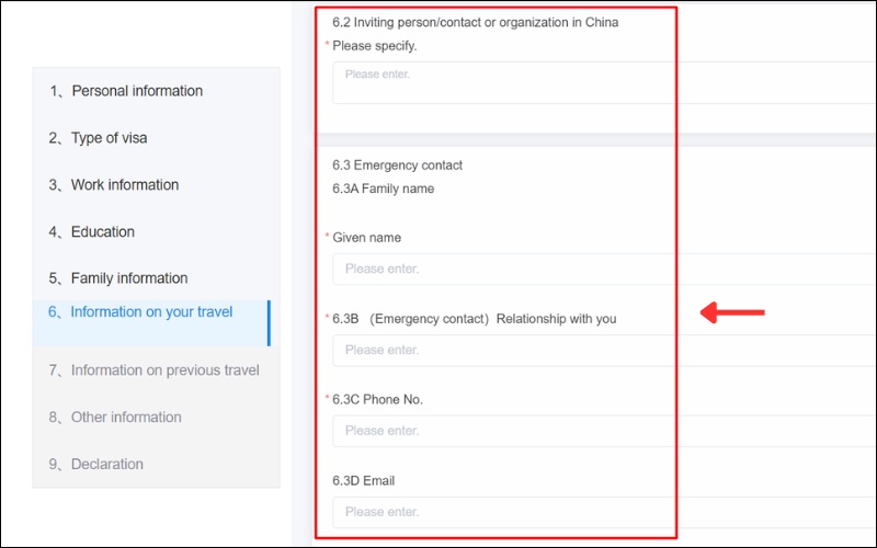 Liên hệ khẩn cấp mẫu tờ khai xin visa Trung Quốc