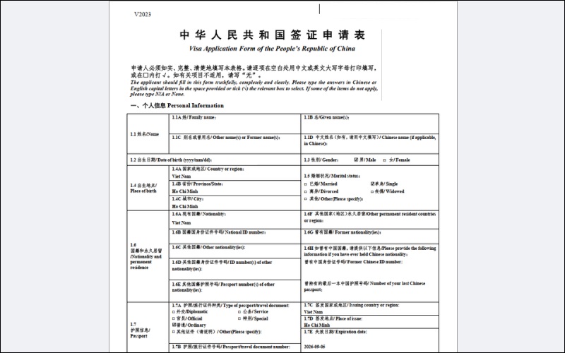 In mẫu tờ khai xin visa Trung Quốc