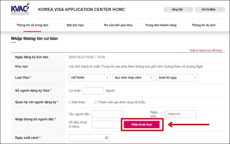 Nhận số xác thực đặt lịch hẹn gia hạn visa