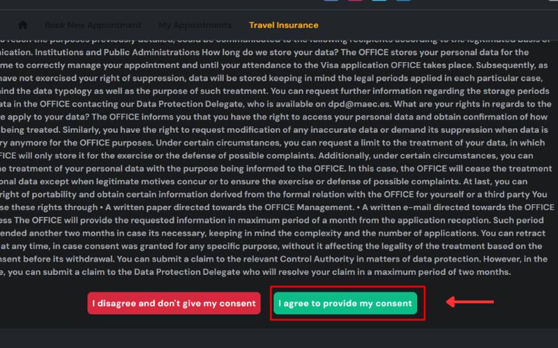 Chọn đồng ý điều khoản xin Visa Tây Ban Nha