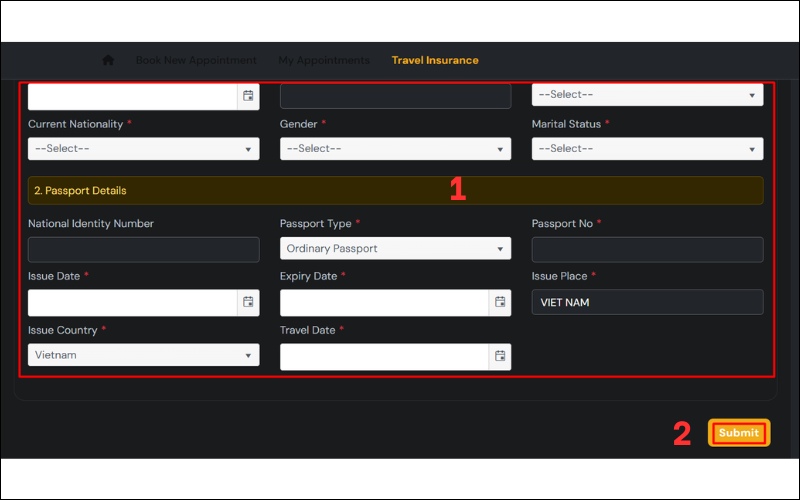 Điền thông tin đặt hẹn visa Tây Ban Nha