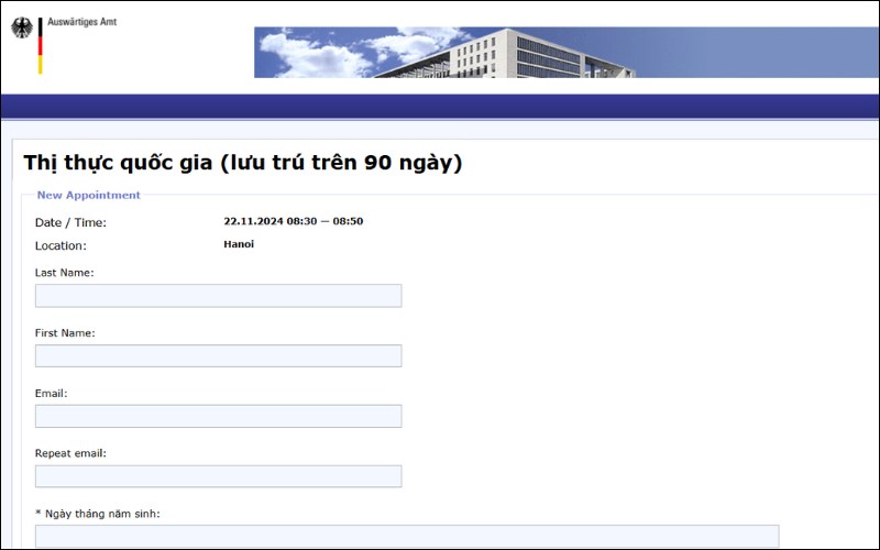 Điền thông tin đặt lịch hẹn visa Đức