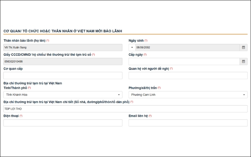 Điền thông tin người bảo lãnh