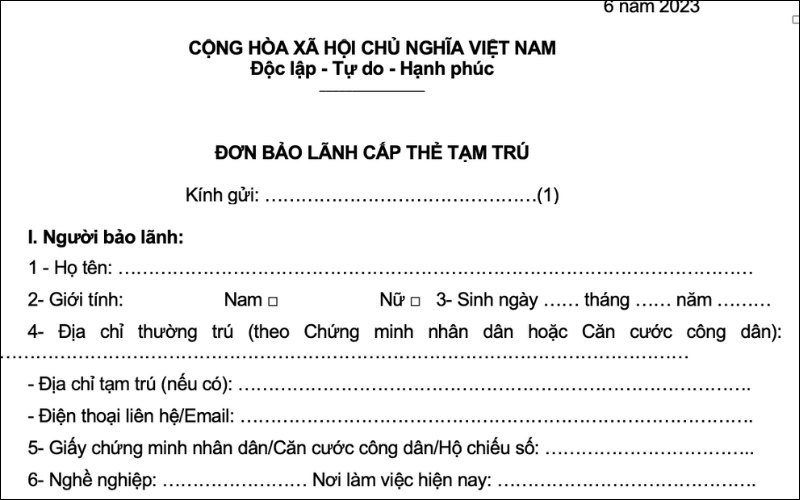 Thông tin về người bảo lãnh tạm trú