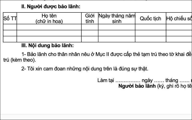 Nội dung giấy bảo lãnh tạm trú