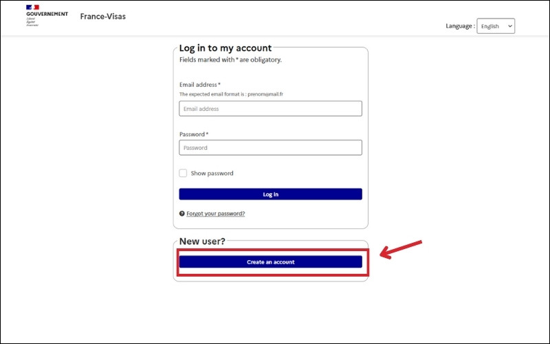 Đăng kí tạo tài khoản trên trang cấp visa công tác Pháp