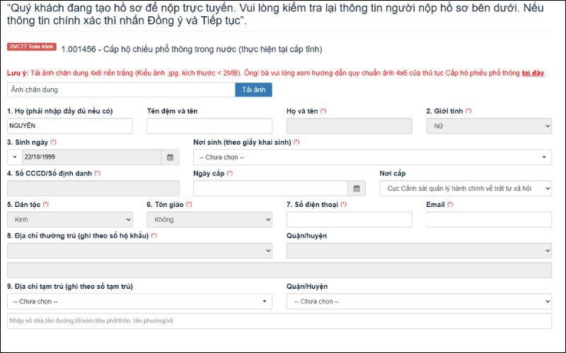Điền thông tin tờ khai cấp hộ chiếu mới