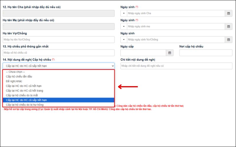 Chọn lý do xin cấp hộ chiếu mới