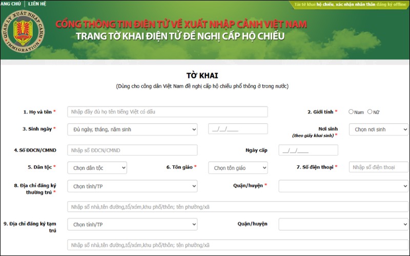 Tờ khai gia hạn hộ chiếu online