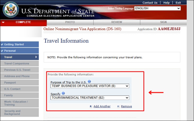 Cách điền DS-160 về thông tin chuyến đi