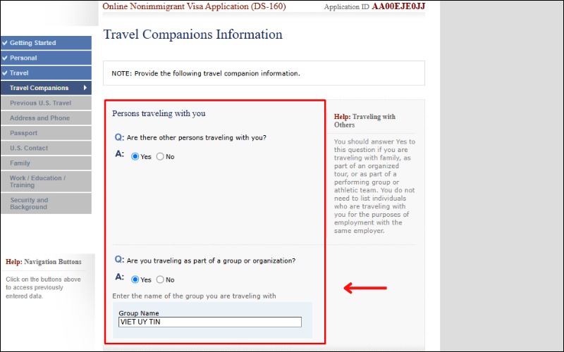 Thông tin người đi cùng khi điền mẫu đơn xin visa Mỹ DS-160