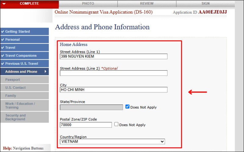 Nhập địa chỉ khi điền mẫu đơn xin visa Mỹ DS-160