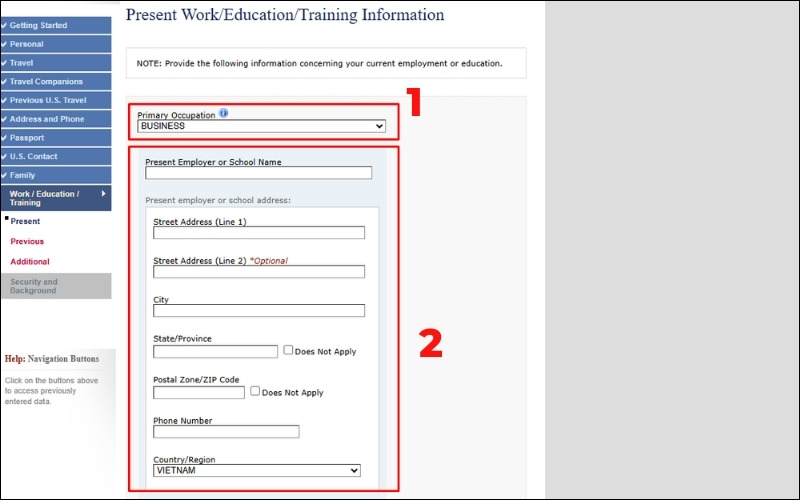 Nhập thông tin nghề nghiệp chính