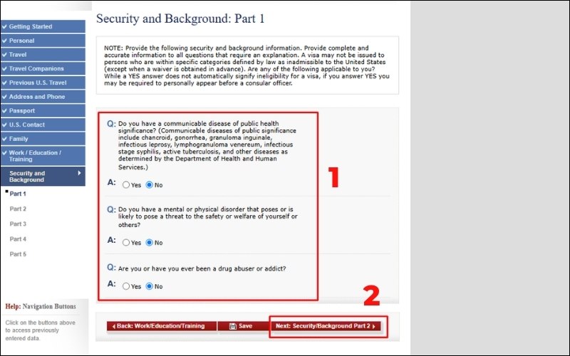 Hướng dẫn điền thông tin về an ninh mẫu đơn xin visa Mỹ DS-160