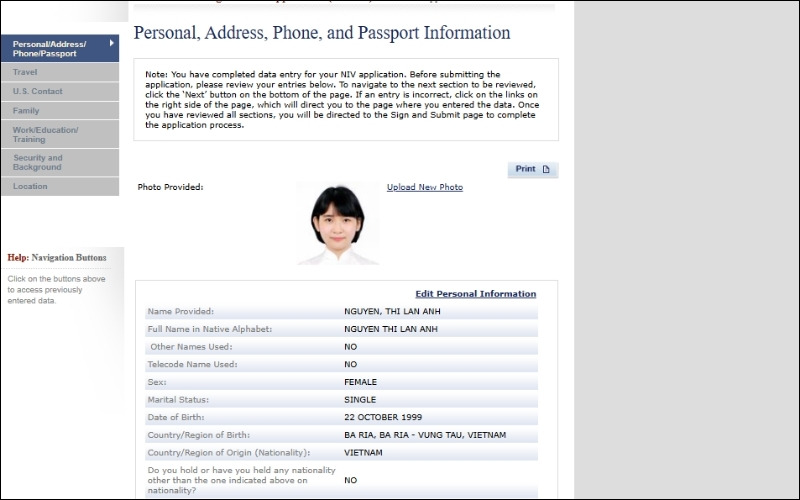 Xem lại mẫu đơn xin visa Mỹ DS-160