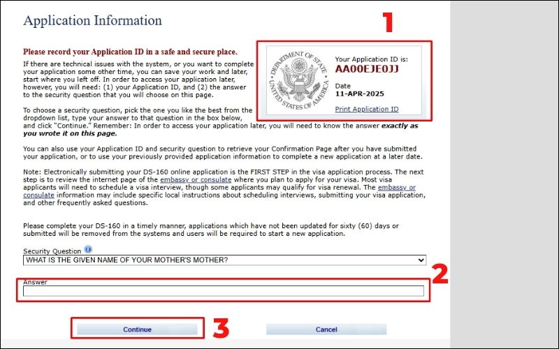 ghi lại Your Application ID khi điền đơn visa Mỹ