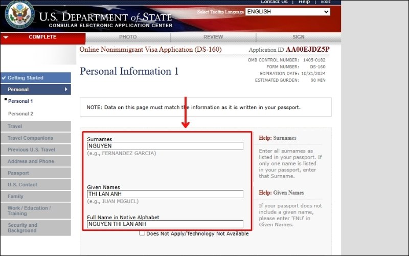 Điền tên khi điền đơn xin visa Mỹ
