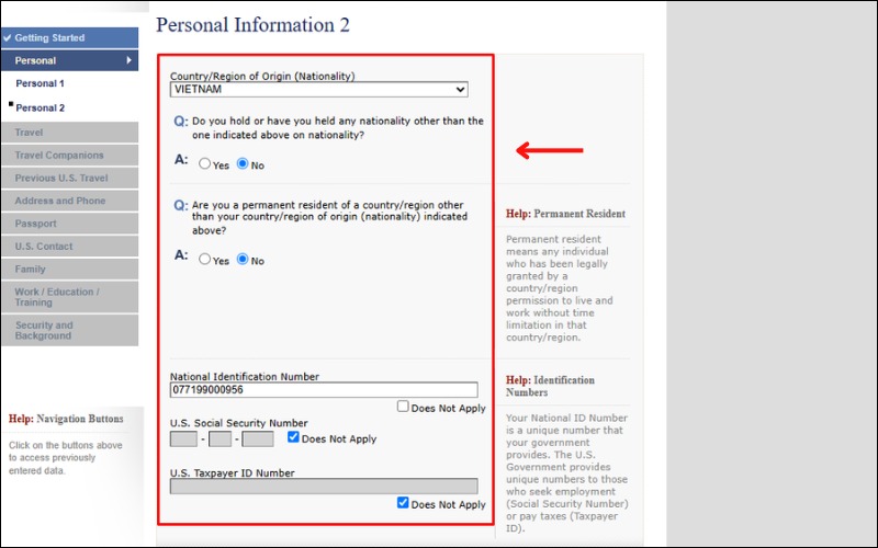 Cung cấp thông tin về chứng minh thư khi điền đơn DS-160