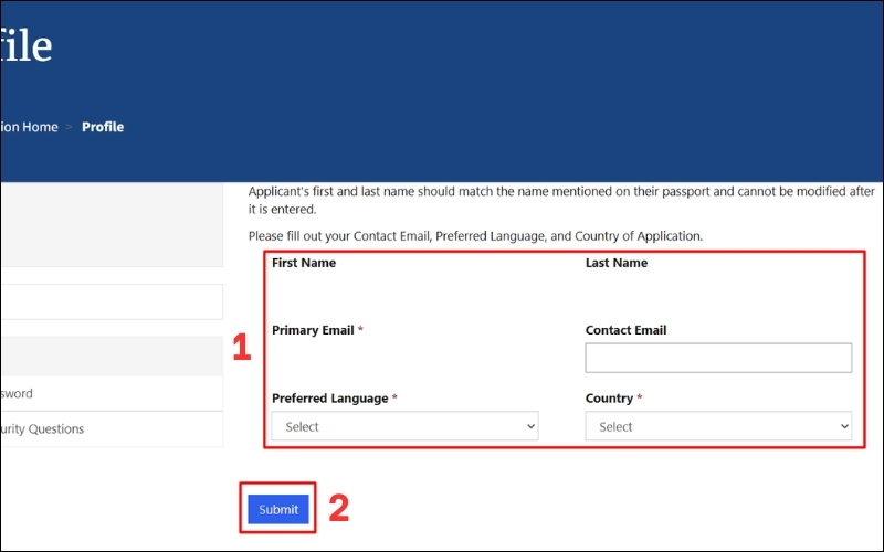 Điền email visa du lịch Mỹ