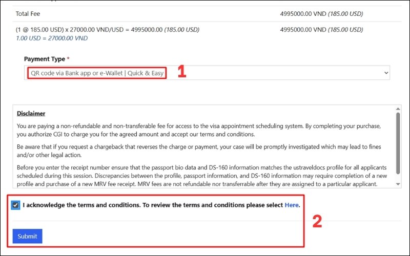 Nhấn Submit để đến bước thanh toán