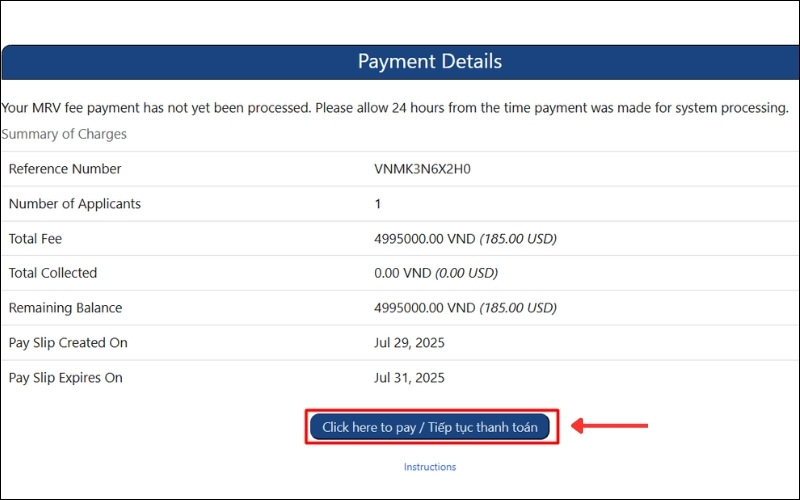 Đến trang thanh toán visa du lịch Mỹ