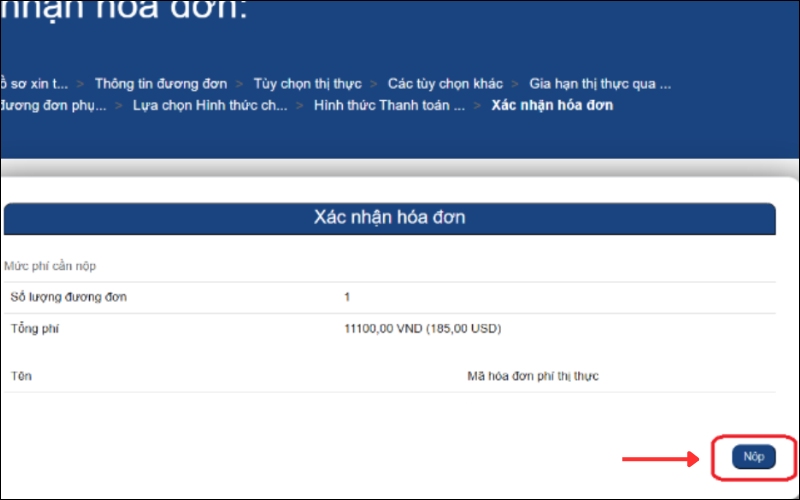 Nhấn Nộp đẻ đặt hẹn visa du lịch Mỹ