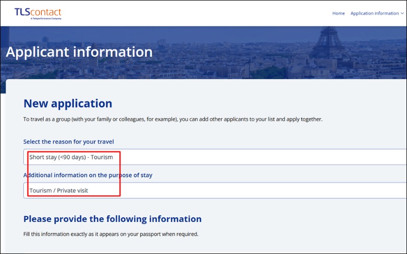 Điền thông tin đặt hẹn visa du lịch Pháp