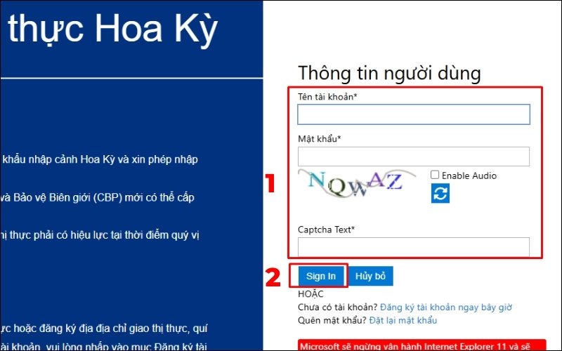 Đăng nhập tài khoản xin visa thăm thân Mỹ