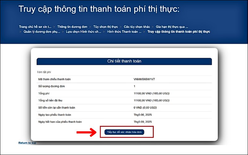 Tiếp tục để xác nhận hóa đơn