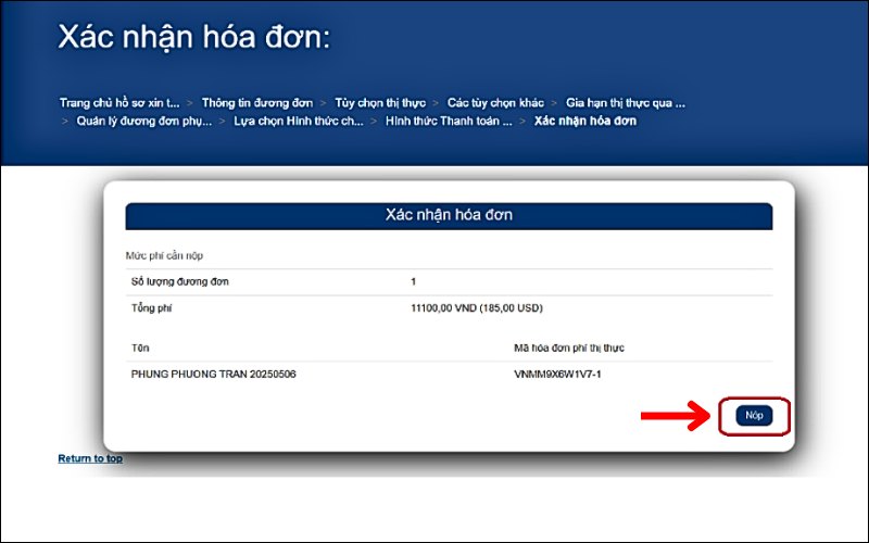 Nhấn nộp để xác nhận hóa đơn