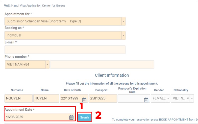 Chọn ngày hẹn nộp hồ sơ Hy Lạp