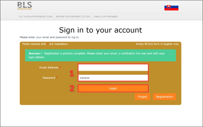 Đăng nhập lại tài khoản visa Slovakia