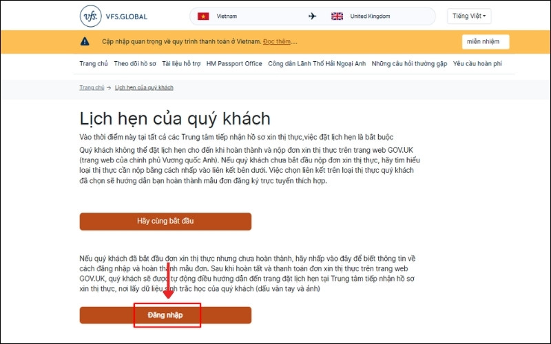 Truy cập trang web đặt lịch hẹn
