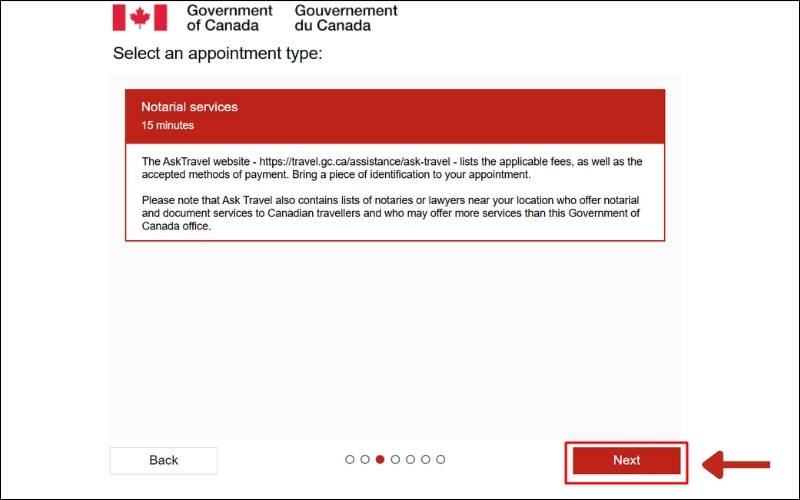 Chọn Next để đặt hẹn hợp pháp hóa lãnh sự Canada