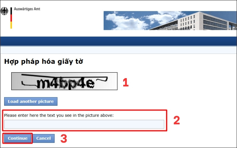 Nhập mã xác nhận hợp pháp hóa lãnh sự Đức