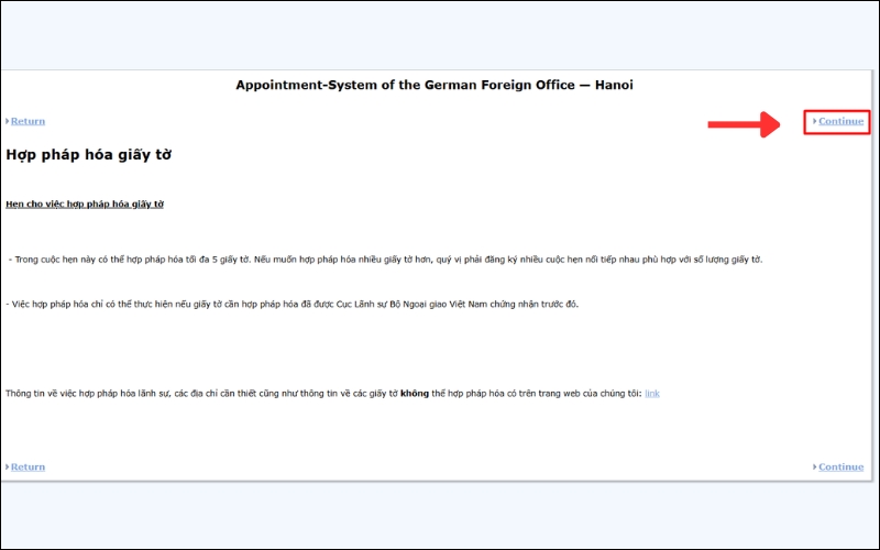 Chọn Continue để đến lịch hẹn