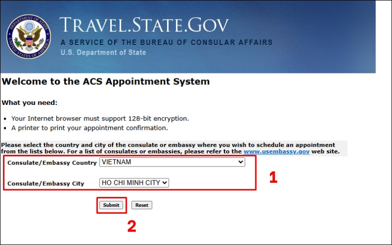 Chọn quốc gia muốn hợp pháp hóa lãnh sự Mỹ