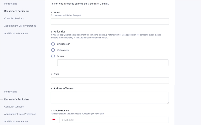 Điền thông tin đặt hẹn hợp pháp hóa lãnh sự Singapore