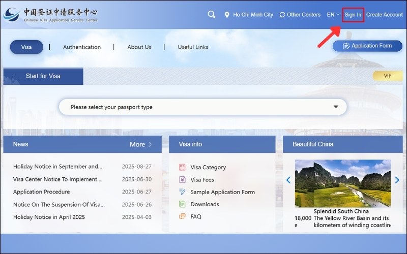 Đăng nhập tài khoản kiểm tra visa Trung Quốc