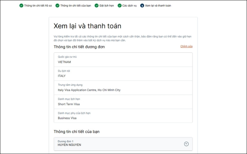 Xác nhận đặt lịch hẹn visa Ý