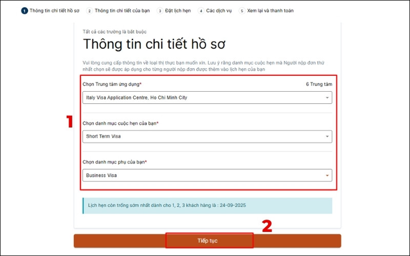 Điền thông tin về loại visa Ý