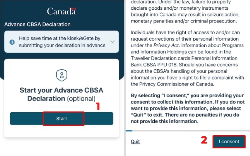Bắt đầu thủ tục nhập cảnh Canada