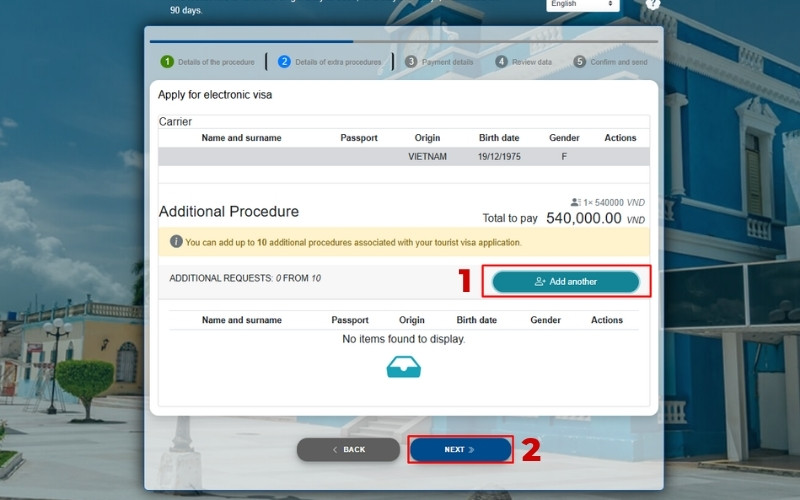 Nhập thông tin người cùng xin visa Cuba