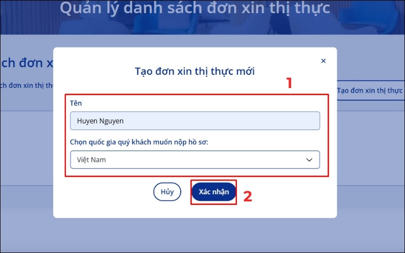 Chọn quốc gia muốn nộp hồ sơ