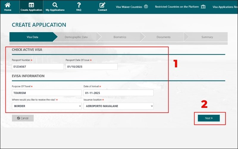 Điền thông tin về visa Mozambique