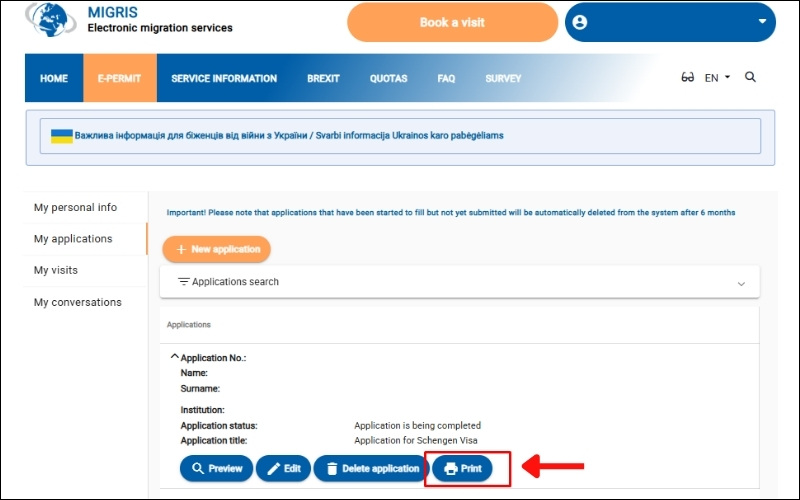 In tờ đơn visa Lithuania